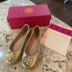 Tory Burch Minnie Travel Gold Ballet Flats Size 7 Like New Condition